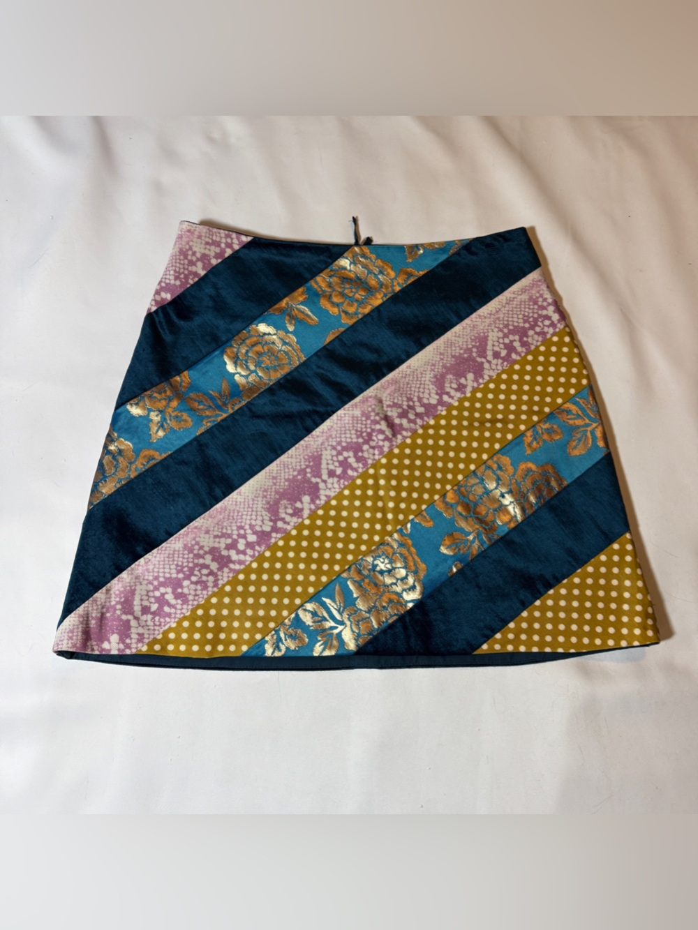 Anthropologie Navy, Teal, Mustard & Mauve Diagonal Patchwork Mini Skirt